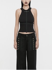 Black Simple Elastic Front Center Cross Pattern With Leather Collar Collar Punk Style Sleeveless Knitted Vest