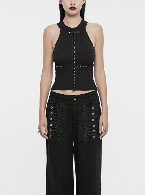 Black Simple Elastic Front Center Cross Pattern With Leather Collar Collar Punk Style Sleeveless Knitted Vest