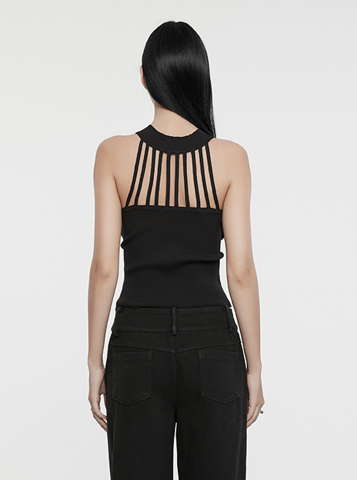 Black Simple Elastic Front Center Cross Pattern With Leather Collar Collar Punk Style Sleeveless Knitted Vest