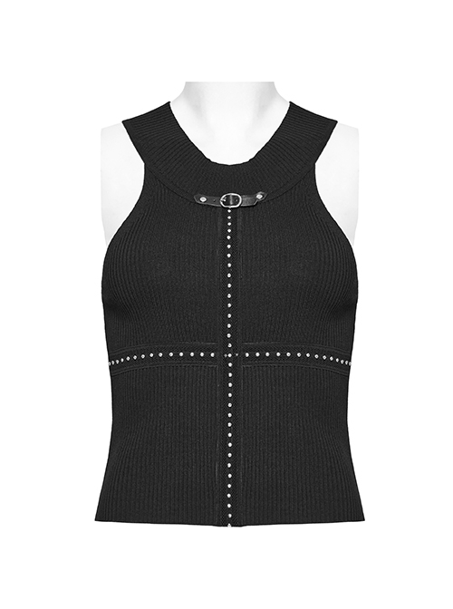 Black Simple Elastic Front Center Cross Pattern With Leather Collar Collar Punk Style Sleeveless Knitted Vest