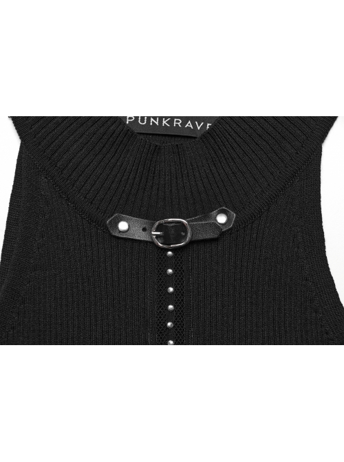 Black Simple Elastic Front Center Cross Pattern With Leather Collar Collar Punk Style Sleeveless Knitted Vest