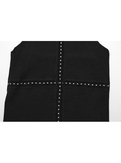 Black Simple Elastic Front Center Cross Pattern With Leather Collar Collar Punk Style Sleeveless Knitted Vest