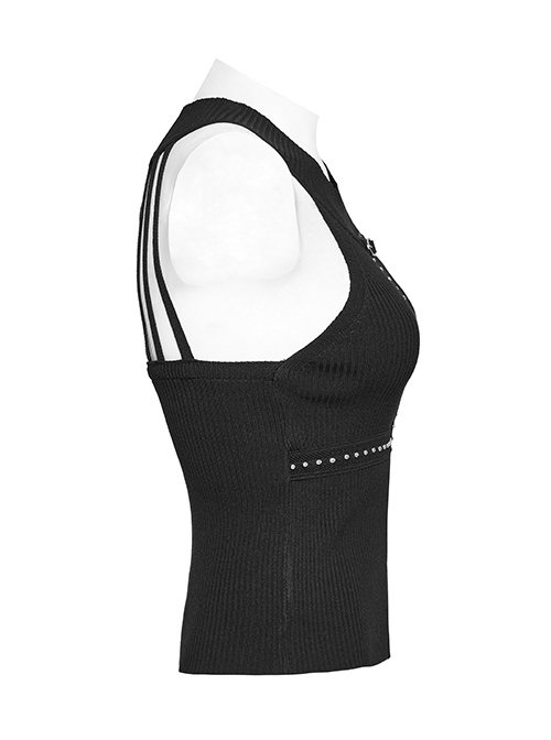 Black Simple Elastic Front Center Cross Pattern With Leather Collar Collar Punk Style Sleeveless Knitted Vest