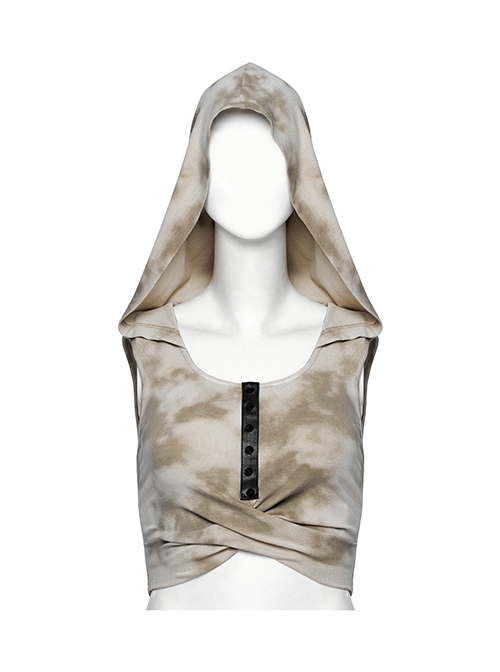 Handsome Black Coffee Color Tie Dye Knitted Back Hollow Punk Style Wasteland Hooded Sleeveless Vest