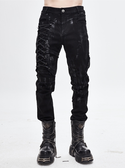 Black Twill Lace-Up Selvage Mecha Punk Men Pants