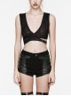 Asymmetrical Black Stretch Ripped Crossover V-Neck Punk Style Hollow Vest