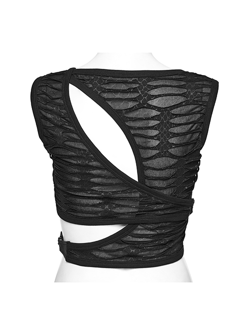 Asymmetrical Black Stretch Ripped Crossover V-Neck Punk Style Hollow Vest