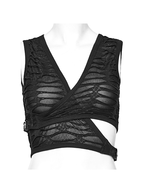 Asymmetrical Black Stretch Ripped Crossover V-Neck Punk Style Hollow Vest