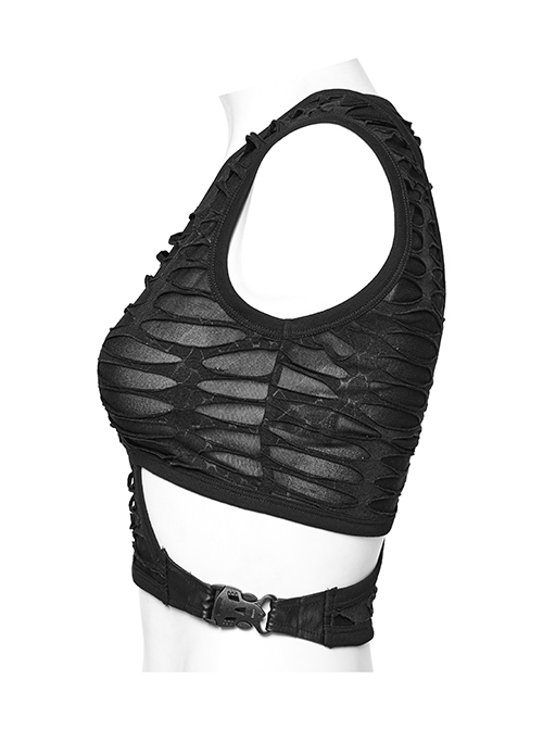 Asymmetrical Black Stretch Ripped Crossover V-Neck Punk Style Hollow Vest