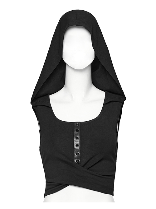 Handsome Black Tie Dye Knitted Back Hollow Punk Style Wasteland Hooded Sleeveless Vest