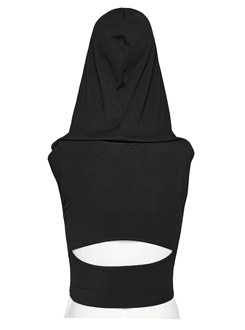 Handsome Black Tie Dye Knitted Back Hollow Punk Style Wasteland Hooded Sleeveless Vest