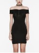 Daily Bateau Neck Black Stretch Knit Patchwork Lace Appliqué Back Hollow Punk Style Long Sleeved Dress