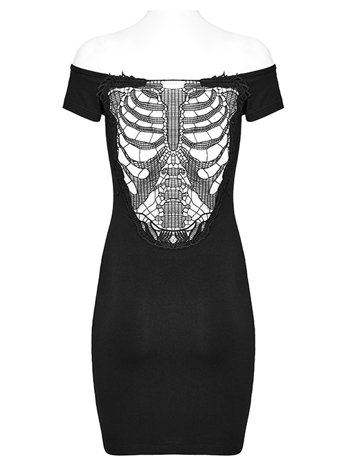 Daily Bateau Neck Black Stretch Knit Patchwork Lace Appliqué Back Hollow Punk Style Long Sleeved Dress