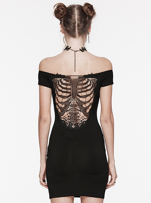 Daily Bateau Neck Black Stretch Knit Patchwork Lace Appliqué Back Hollow Punk Style Long Sleeved Dress
