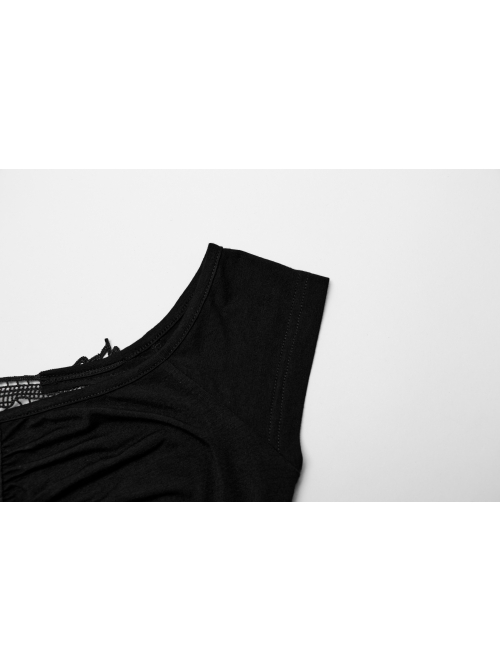 Daily Bateau Neck Black Stretch Knit Patchwork Lace Appliqué Back Hollow Punk Style Long Sleeved Dress