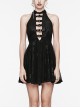 Black Velvet Floral Stitching Stretch Mesh Front Deep V-Neck With Buttoned Gothic Print Sleeveless Dress