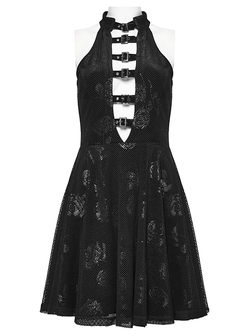 Black Velvet Floral Stitching Stretch Mesh Front Deep V-Neck With Buttoned Gothic Print Sleeveless Dress
