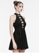 Black Velvet Floral Stitching Stretch Mesh Front Deep V-Neck With Buttoned Gothic Print Sleeveless Dress