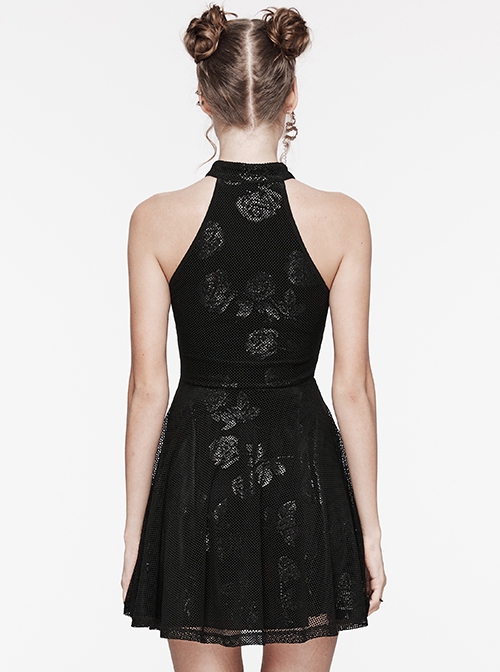 Black Velvet Floral Stitching Stretch Mesh Front Deep V-Neck With Buttoned Gothic Print Sleeveless Dress