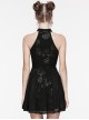 Black Velvet Floral Stitching Stretch Mesh Front Deep V-Neck With Buttoned Gothic Print Sleeveless Dress