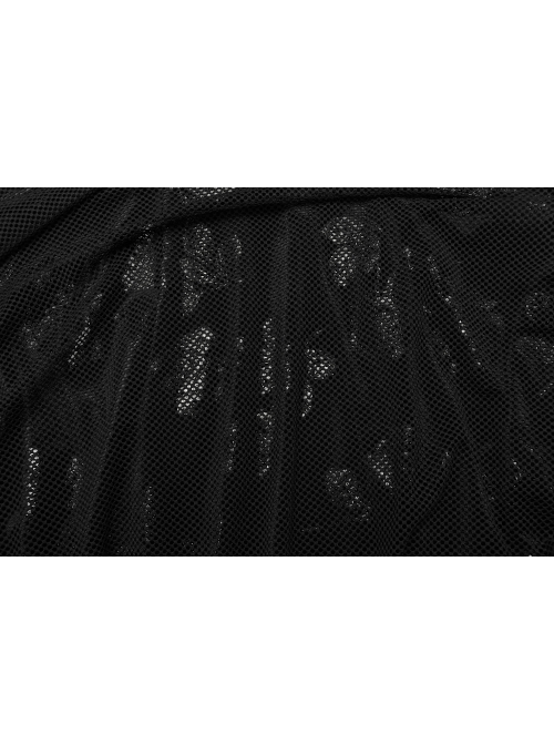 Black Velvet Floral Stitching Stretch Mesh Front Deep V-Neck With Buttoned Gothic Print Sleeveless Dress