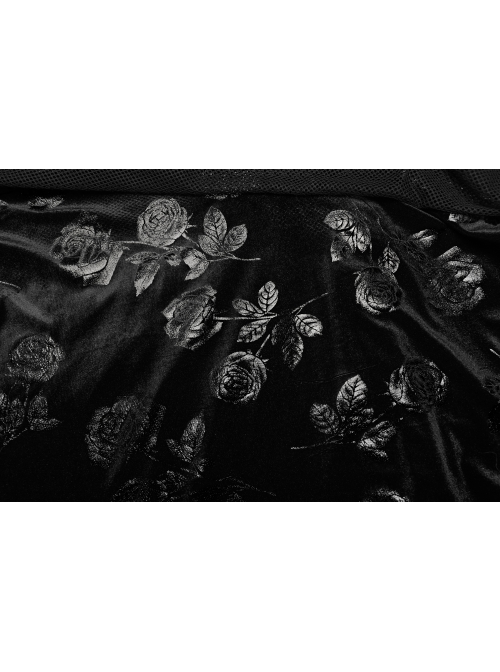 Black Velvet Floral Stitching Stretch Mesh Front Deep V-Neck With Buttoned Gothic Print Sleeveless Dress