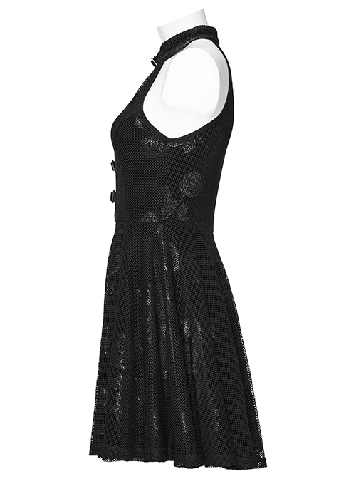 Black Velvet Floral Stitching Stretch Mesh Front Deep V-Neck With Buttoned Gothic Print Sleeveless Dress
