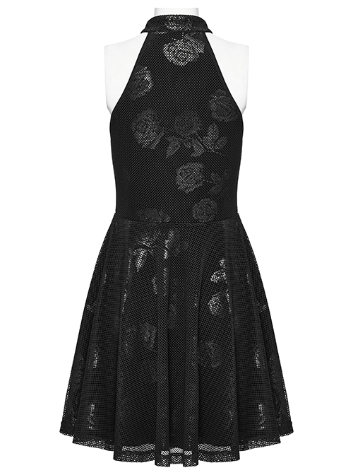 Black Velvet Floral Stitching Stretch Mesh Front Deep V-Neck With Buttoned Gothic Print Sleeveless Dress