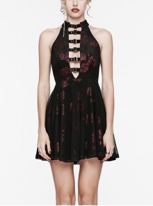 Black And Red Velvet Floral Stitching Stretch Mesh Front Deep V-Neck With Buttoned Gothic Print Sleeveless Dress