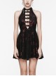 Black And Red Velvet Floral Stitching Stretch Mesh Front Deep V-Neck With Buttoned Gothic Print Sleeveless Dress