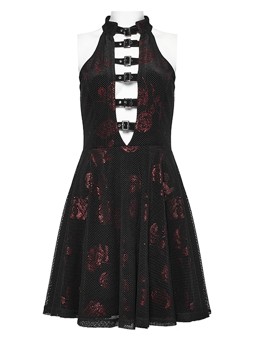 Black And Red Velvet Floral Stitching Stretch Mesh Front Deep V-Neck With Buttoned Gothic Print Sleeveless Dress