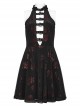 Black And Red Velvet Floral Stitching Stretch Mesh Front Deep V-Neck With Buttoned Gothic Print Sleeveless Dress