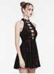Black And Red Velvet Floral Stitching Stretch Mesh Front Deep V-Neck With Buttoned Gothic Print Sleeveless Dress