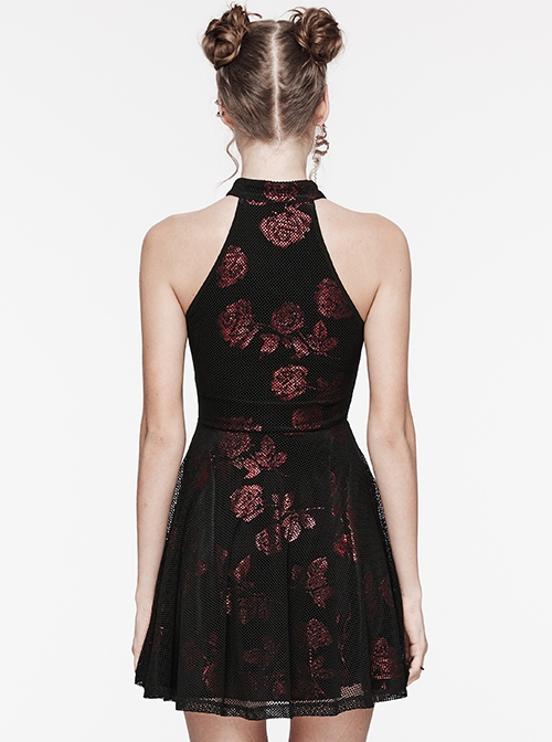 Black And Red Velvet Floral Stitching Stretch Mesh Front Deep V-Neck With Buttoned Gothic Print Sleeveless Dress