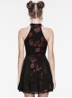 Black And Red Velvet Floral Stitching Stretch Mesh Front Deep V-Neck With Buttoned Gothic Print Sleeveless Dress