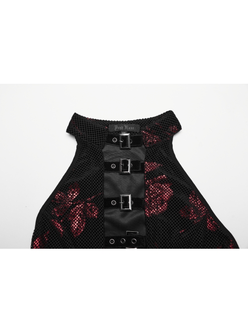 Black And Red Velvet Floral Stitching Stretch Mesh Front Deep V-Neck With Buttoned Gothic Print Sleeveless Dress
