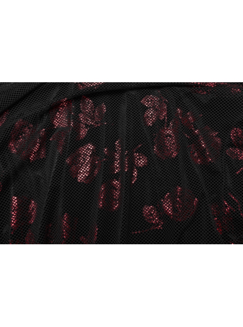 Black And Red Velvet Floral Stitching Stretch Mesh Front Deep V-Neck With Buttoned Gothic Print Sleeveless Dress