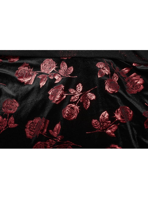 Black And Red Velvet Floral Stitching Stretch Mesh Front Deep V-Neck With Buttoned Gothic Print Sleeveless Dress