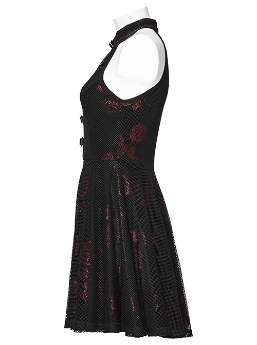 Black And Red Velvet Floral Stitching Stretch Mesh Front Deep V-Neck With Buttoned Gothic Print Sleeveless Dress