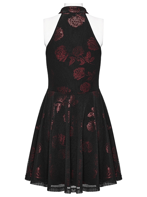 Black And Red Velvet Floral Stitching Stretch Mesh Front Deep V-Neck With Buttoned Gothic Print Sleeveless Dress