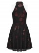 Black And Red Velvet Floral Stitching Stretch Mesh Front Deep V-Neck With Buttoned Gothic Print Sleeveless Dress