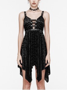 Vibrant Black Stretch Velvet Checkered Leather Straps On The Chest Gothic Style Irregular Sleeveless Dress