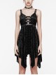 Vibrant Black Stretch Velvet Checkered Leather Straps On The Chest Gothic Style Irregular Sleeveless Dress