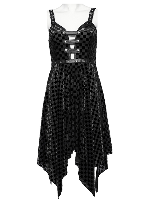 Vibrant Black Stretch Velvet Checkered Leather Straps On The Chest Gothic Style Irregular Sleeveless Dress