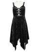 Vibrant Black Stretch Velvet Checkered Leather Straps On The Chest Gothic Style Irregular Sleeveless Dress