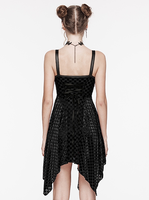 Vibrant Black Stretch Velvet Checkered Leather Straps On The Chest Gothic Style Irregular Sleeveless Dress