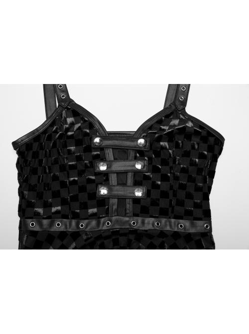 Vibrant Black Stretch Velvet Checkered Leather Straps On The Chest Gothic Style Irregular Sleeveless Dress