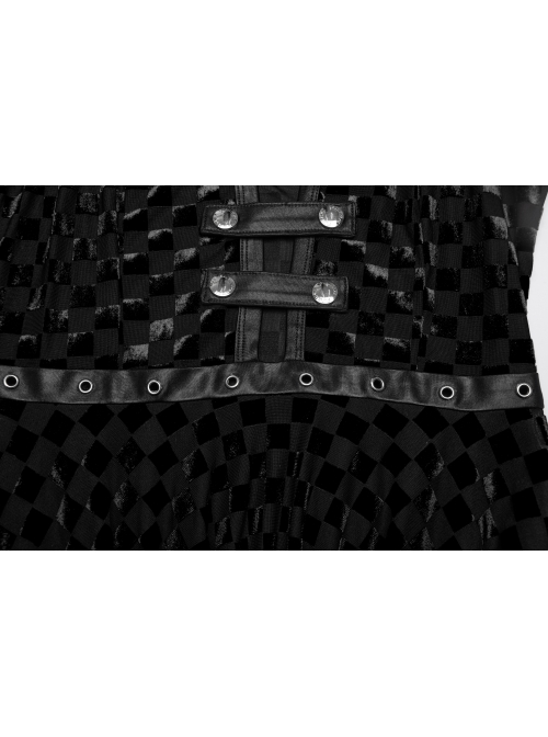 Vibrant Black Stretch Velvet Checkered Leather Straps On The Chest Gothic Style Irregular Sleeveless Dress