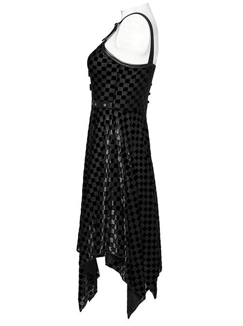 Vibrant Black Stretch Velvet Checkered Leather Straps On The Chest Gothic Style Irregular Sleeveless Dress