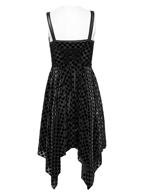 Vibrant Black Stretch Velvet Checkered Leather Straps On The Chest Gothic Style Irregular Sleeveless Dress